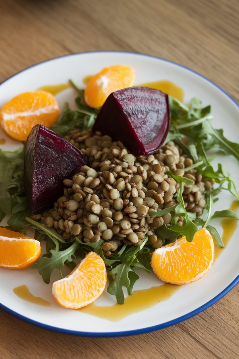 An indoor salad plate showcasing roasted beet wedges, green lentils, arugula, and orange segments, drizzled with vinaigrette; no text or logos.