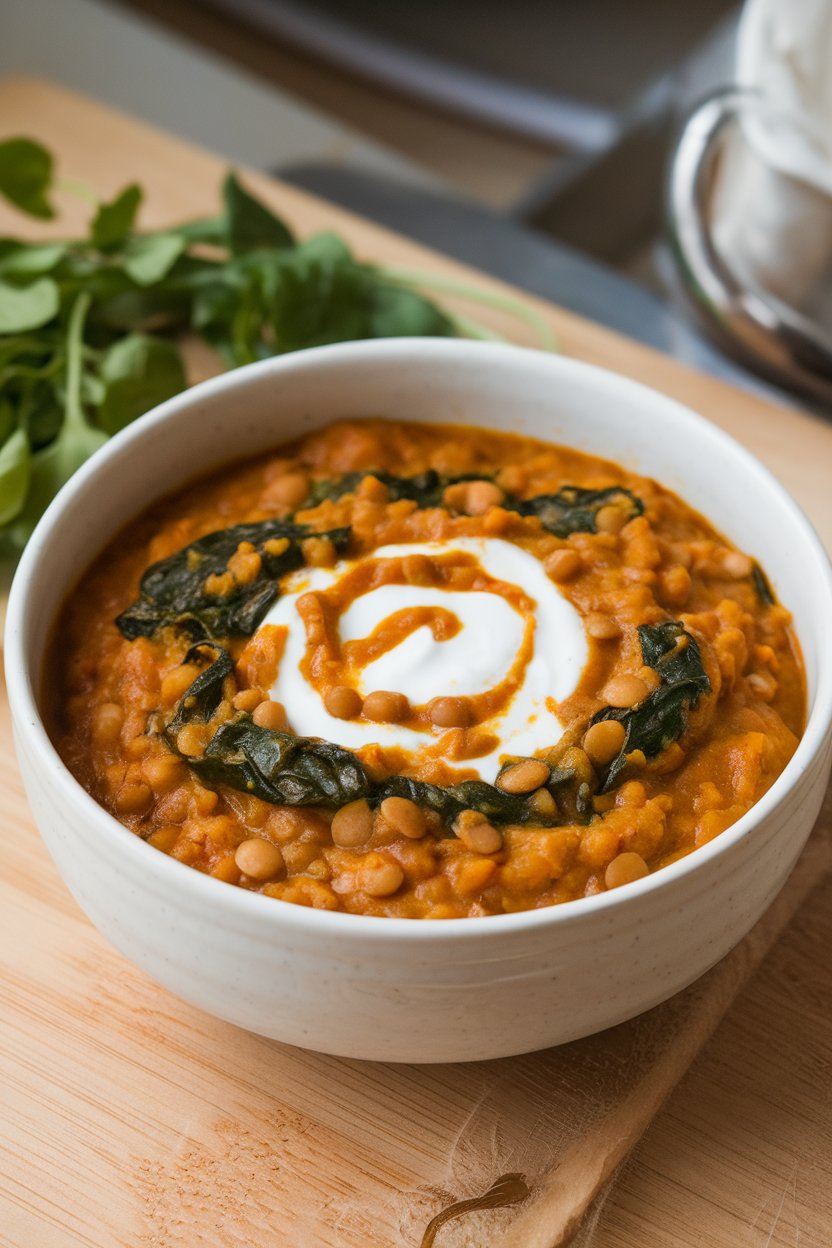 An indoor bowl of thick pumpkin lentil stew dotted with spinach and topped with yogurt swirl; no text or logos.
