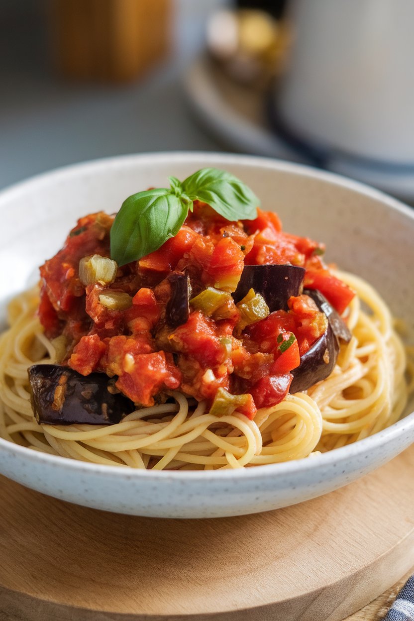 Indoor shot of spaghetti covered in chunky eggplant-tomato caponata, garnished with fresh basil. No text or logos.