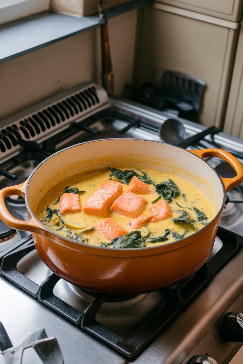 An indoor stovetop scene featuring a Dutch oven filled with creamy yellow coconut curry dotted with salmon chunks and spinach leaves. No brand names visible.