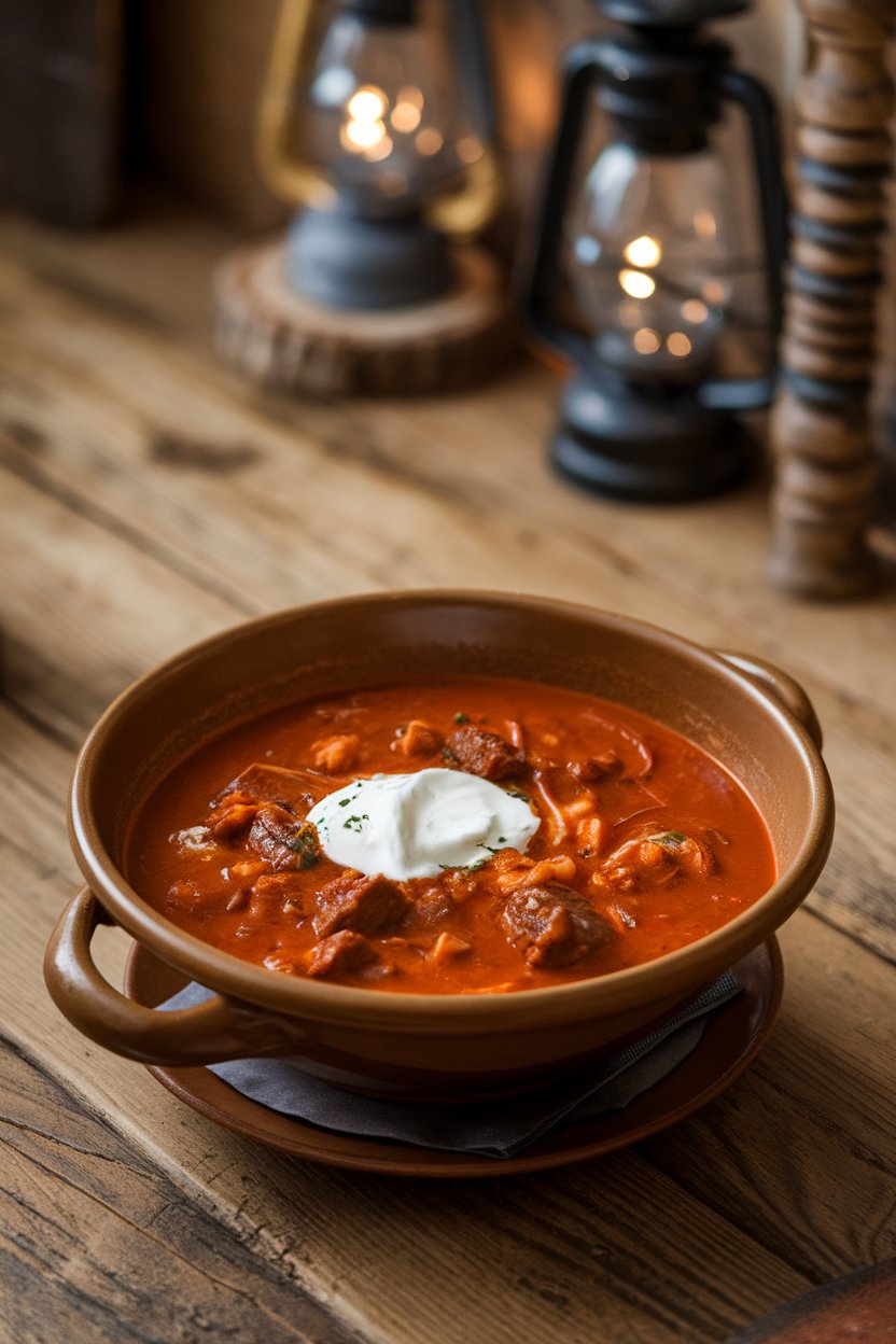 Indoor wooden tavern table with a bowl of red goulash soup, beef chunks and paprika broth, dollop of sour cream on top. No text or logos. Photo.