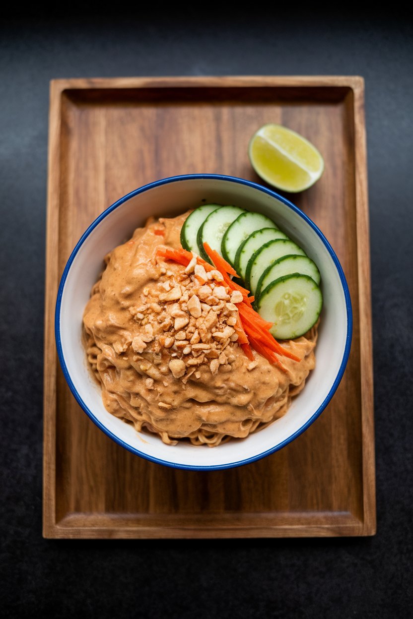 Photo of an indoor noodle bar layout featuring a bowl of cooked rice noodles coated in a creamy peanut sauce, topped with sliced cucumbers and shredded carrots; no text or logos