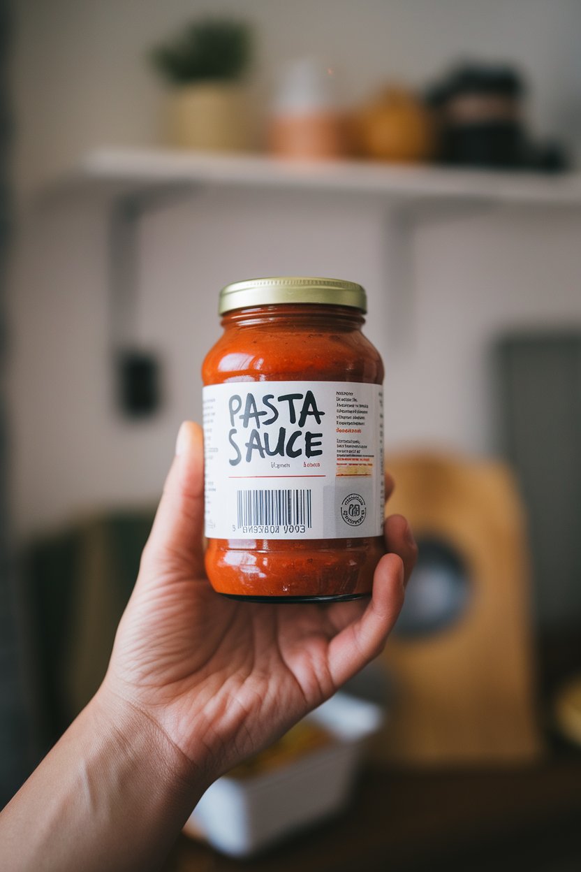 A hand holding a jar of pasta sauce indoors, the back label in focus, no text or logos visible on front, photo only