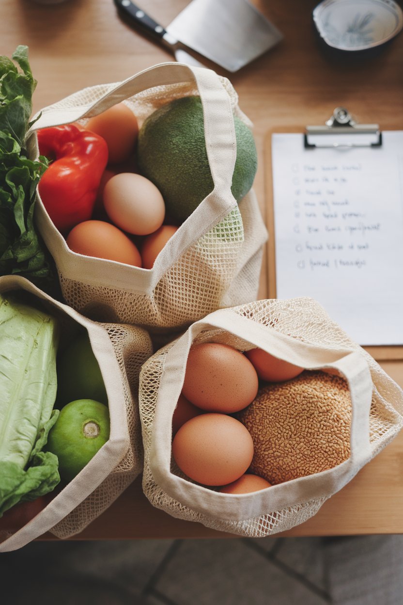 Overhead indoor photo of reusable grocery bags filled with whole produce, eggs, and grains beside a handwritten list on a clipboard, no discernible text.