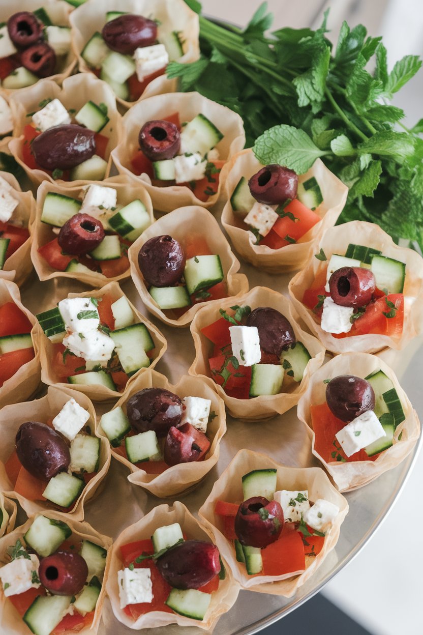 Phyllo cups filled with diced cucumber, tomato, feta, and olives on an indoor platter. No text or logos. Photo.