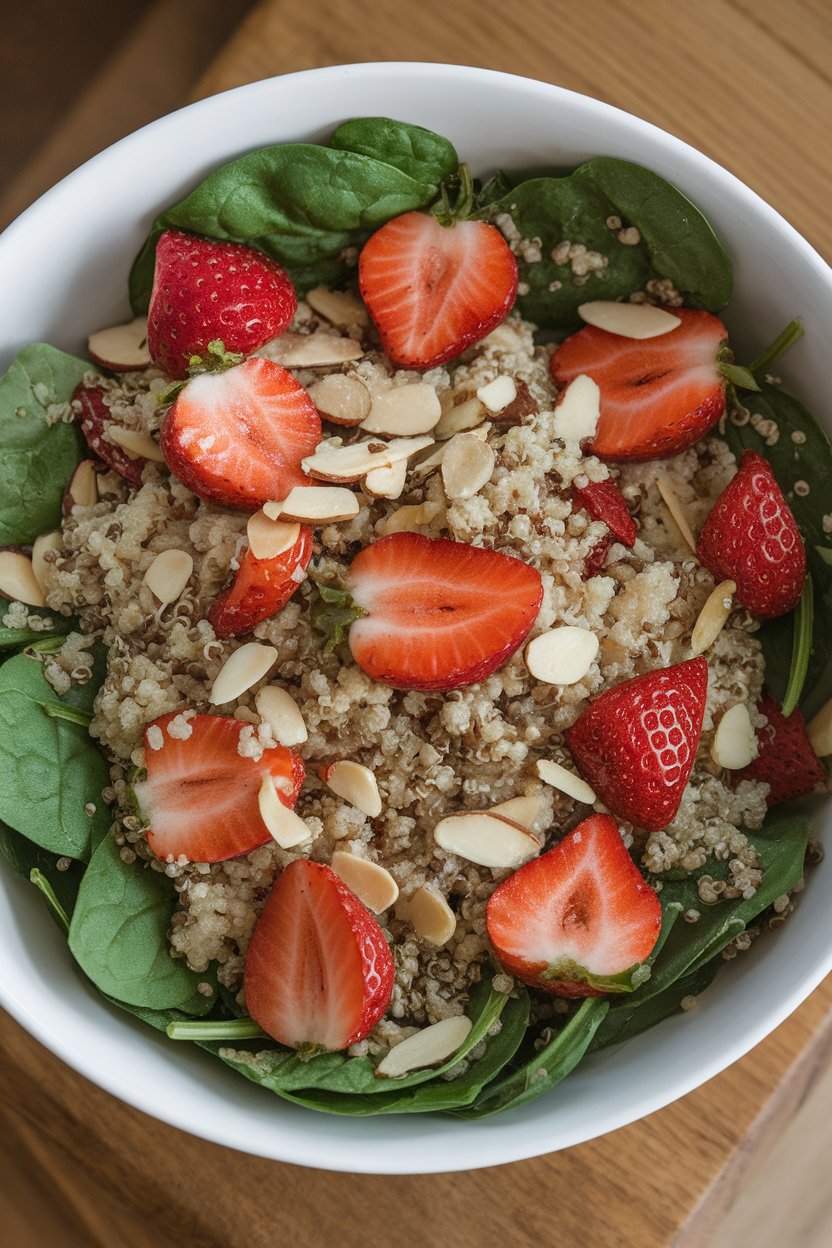 Indoor salad bowl containing baby spinach, cooked quinoa, sliced strawberries, and slivered almonds, lightly dressed. No logos or text.