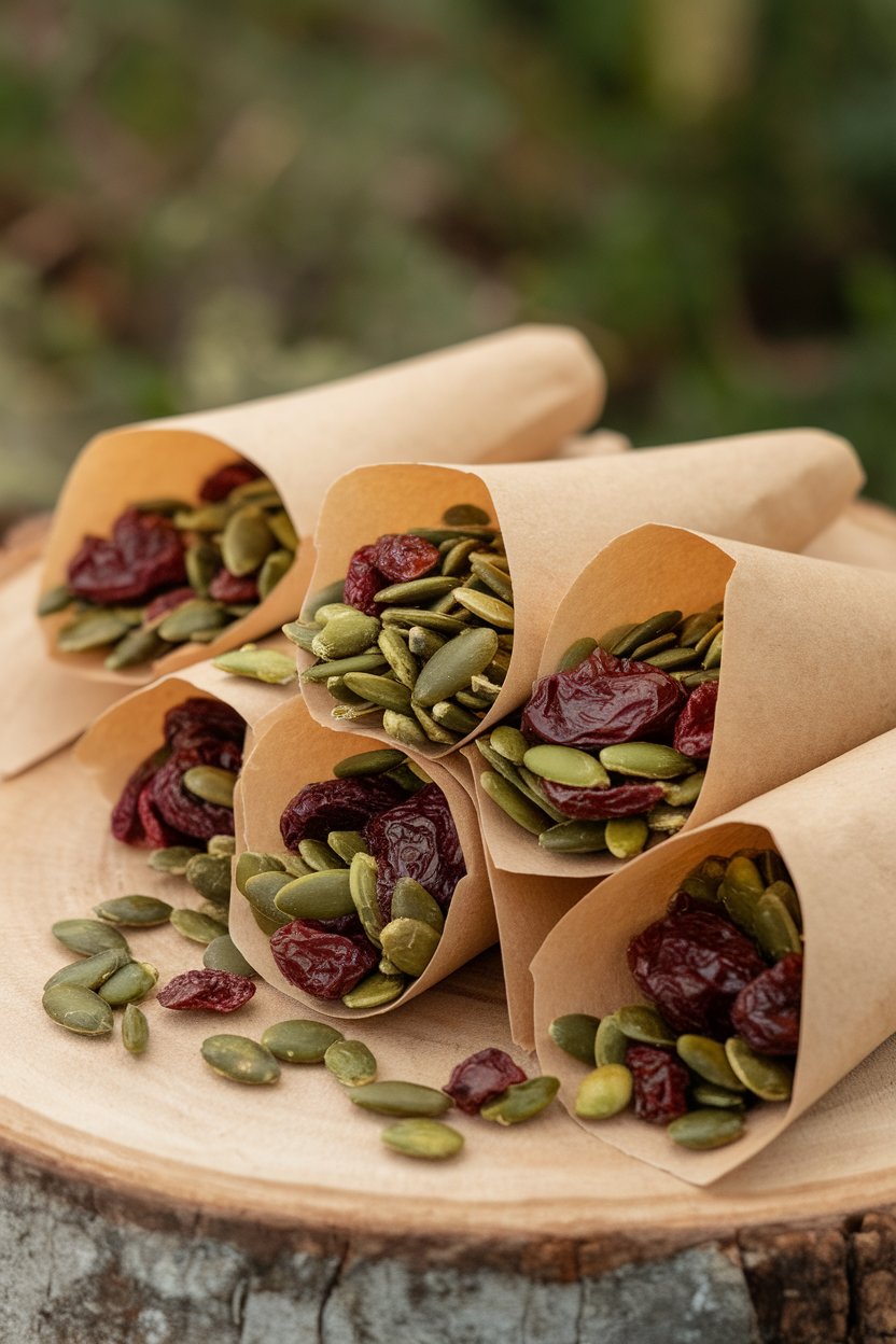 Photo of indoor parchment cones filled with trail mix of cacao nibs, pumpkin seeds, and dried cherries, no text or logos.
