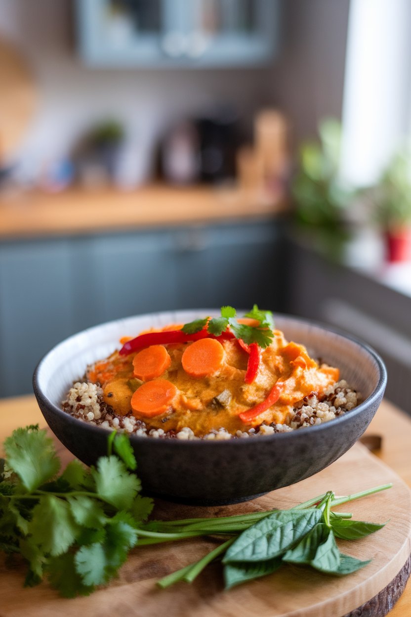 Indoor photo of colorful curry with carrot rounds and red pepper strips in a creamy coconut base, served in a bowl over quinoa. No text or logos.