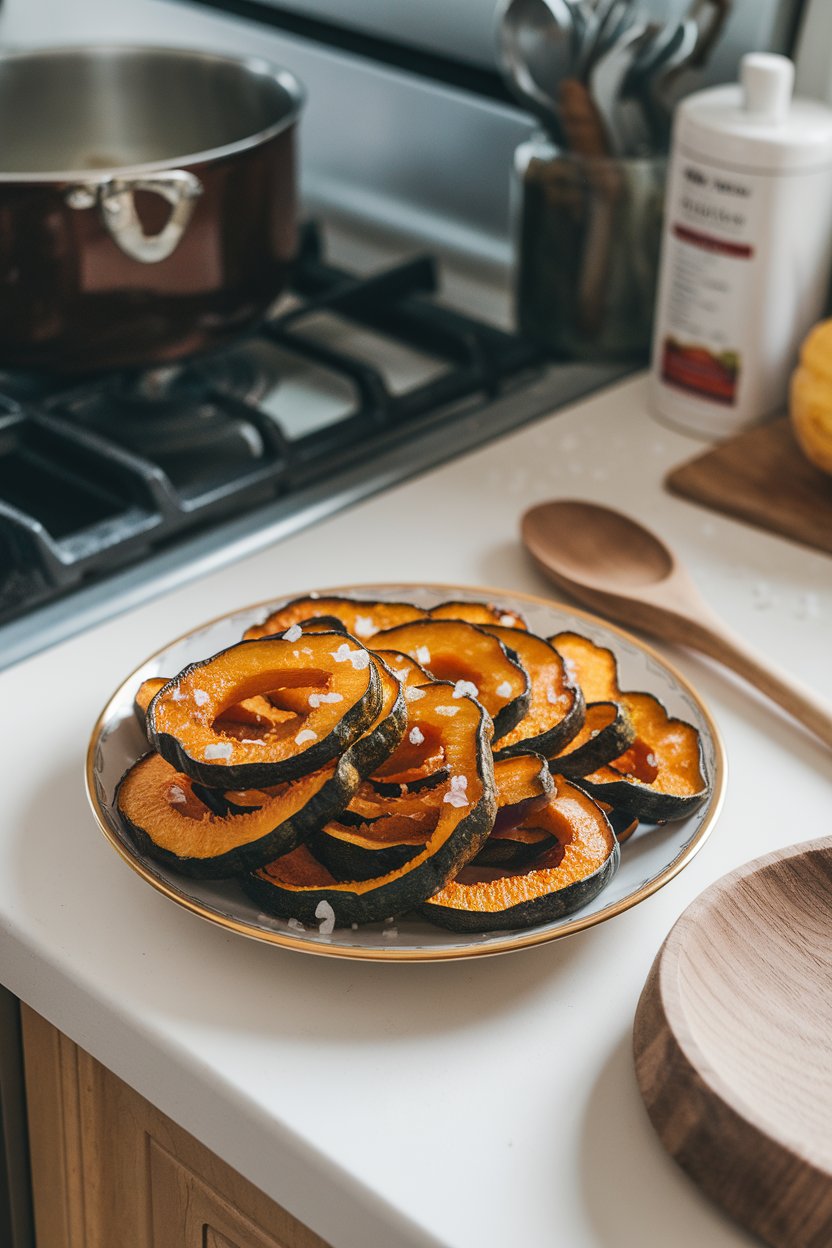 An indoor kitchen island with a plate of crispy delicata squash rings browned around the edges, sprinkled with flaky salt. Photo, no logos.