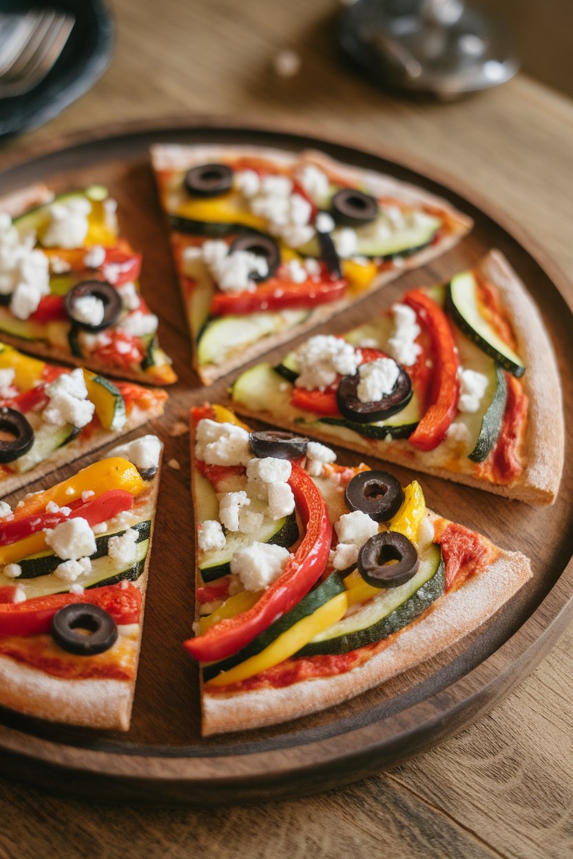 Indoor photo of whole-wheat pizza triangles topped with colorful bell peppers, zucchini ribbons, olives, and feta crumbles on a rustic plate, no text or logos