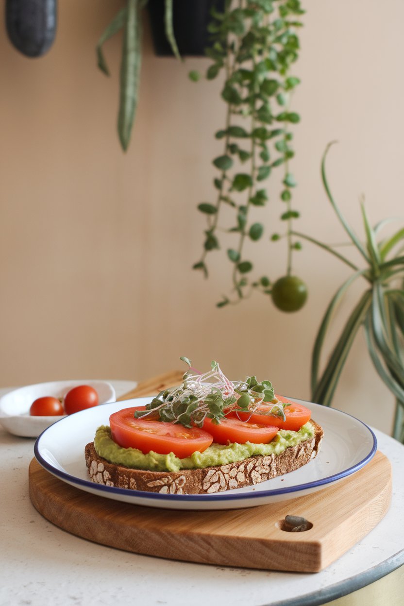 Indoor cafe-style table with whole-grain toast spread with mashed avocado, heirloom tomato slices, and a garnish of microgreens. No text or logos anywhere.