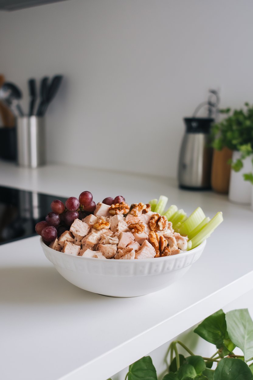 A white bowl on an indoor kitchen island holding diced chicken breast mixed with Greek yogurt, grapes, celery, and walnuts. No text or logos visible. Photo only.