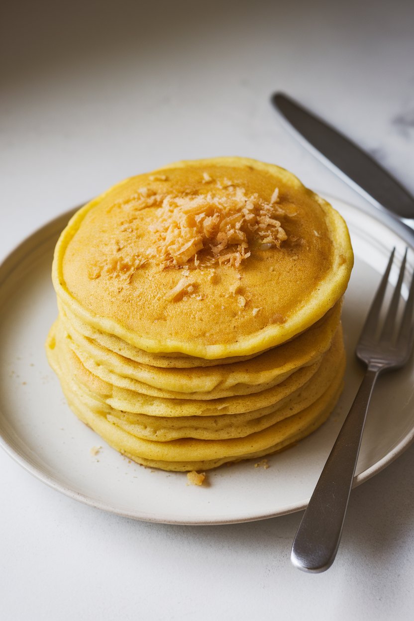 Indoor presentation of yellow-tinged pancakes, grated ginger on top, no logos.