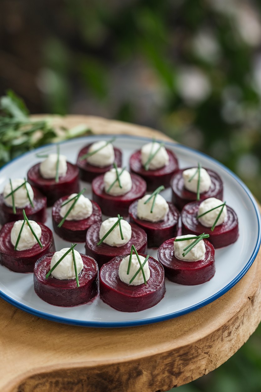 Indoor appetizer plate holding steamed beet rounds topped with small goat cheese dollops and chives. No text or logos.