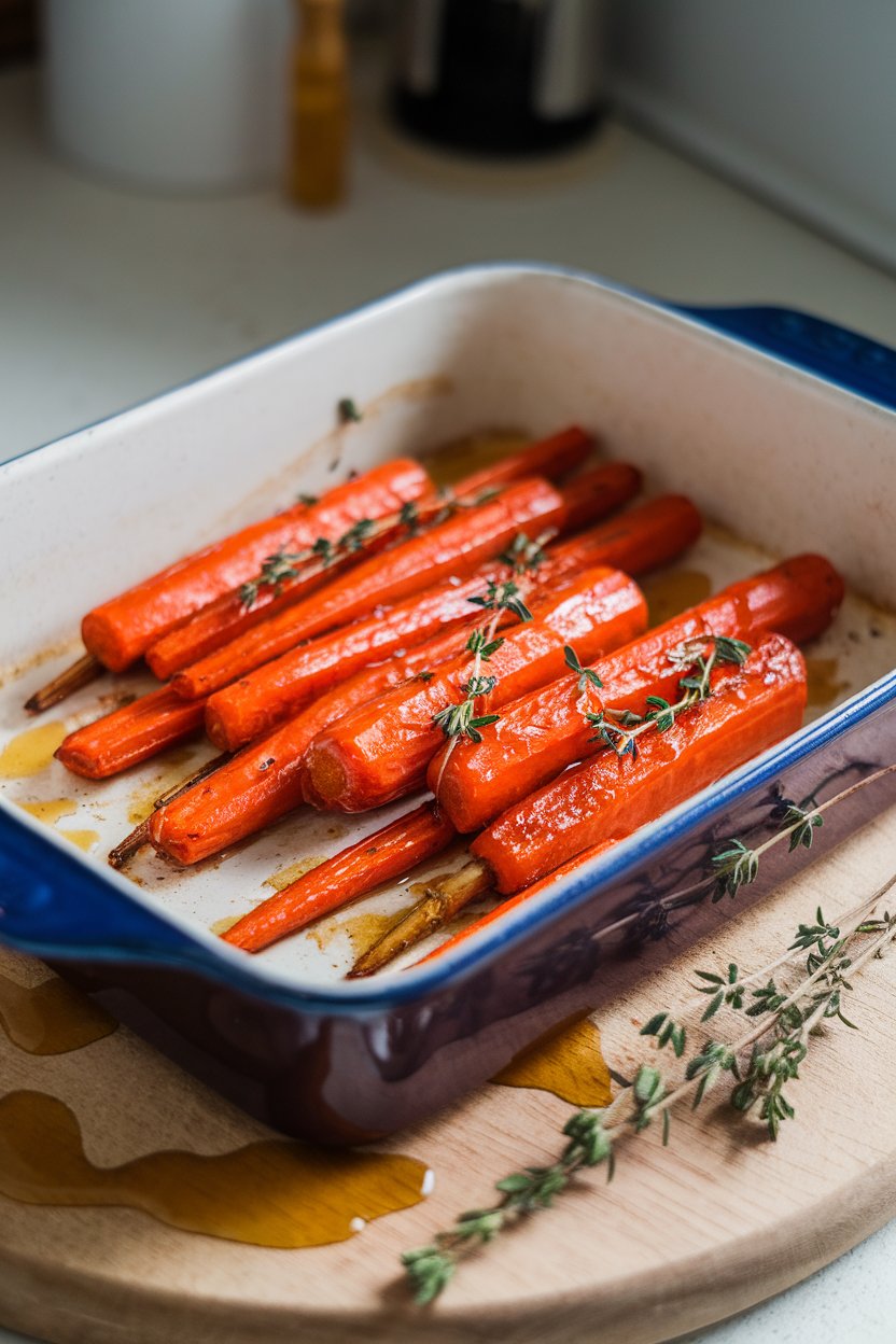 A ceramic baking dish indoors featuring roasted carrot batons brushed with honey and thyme, photo, no text or logos.