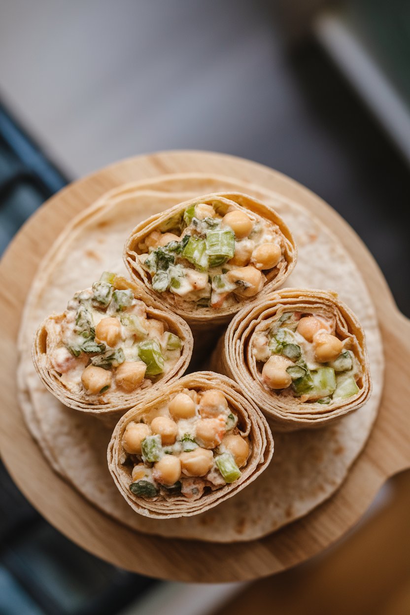 Indoor photo of whole-wheat tortillas rolled around creamy chickpea salad with visible celery and herbs; overhead light, no text or logos