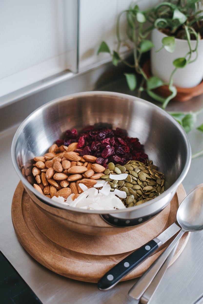 Photo on a kitchen counter of a mixing bowl filled with almonds, pumpkin seeds, dried cranberries, and coconut flakes, no text or logos.