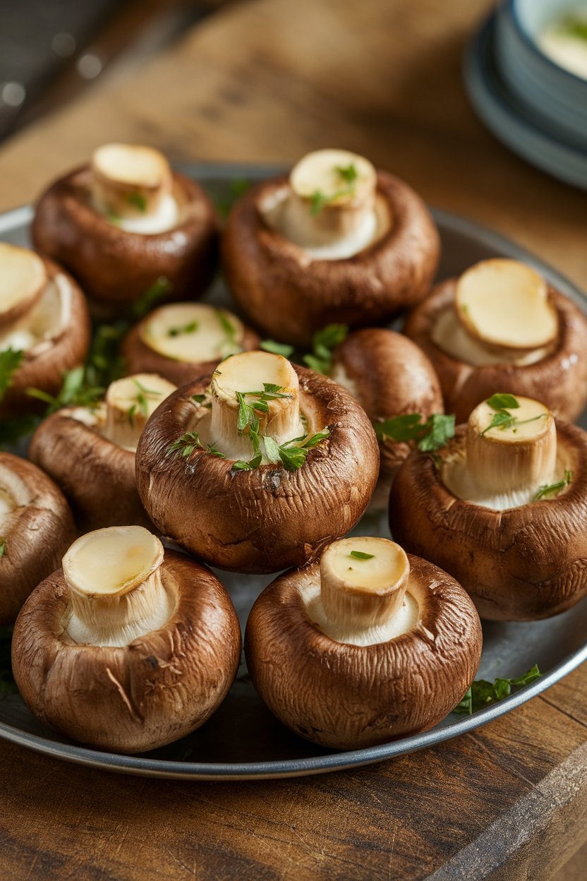 Photo of roasted whole mushrooms glistening with garlic butter, placed on an indoor platter. No text or branding visible.