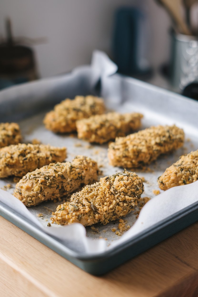 An indoor baking tray lined with parchment holding golden chicken tenders coated in herb crumbs. No text or logos. Photo, not illustration.