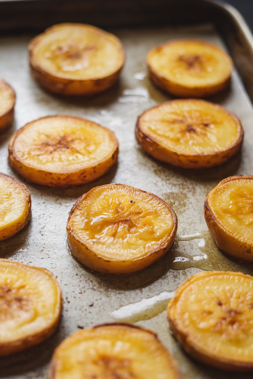Indoor photo of golden plantain rounds on a baking tray, light brush of oil visible. No text or logos; photograph.