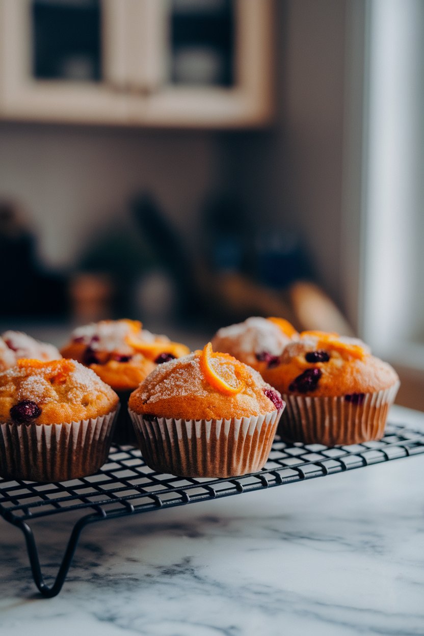 A wire rack indoors cooling cranberry-orange muffins with sugared tops, citrus zest visible, no logos or text. Photo.