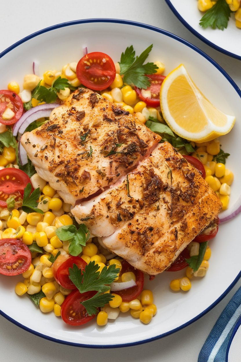 An indoor plate displaying cooked blackened catfish fillet next to a colorful corn-tomato salad; no text or logos.