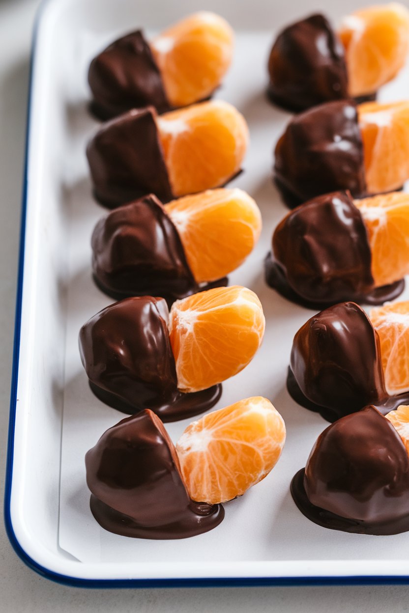 Indoor tray holding clementine segments half-dipped in dark chocolate, chocolate still glossy. No text or logos.