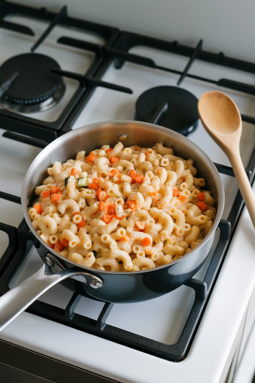 An indoor stovetop scene showing a saucepan of creamy mac and cheese speckled with tiny carrot and zucchini bits; no text or logos.