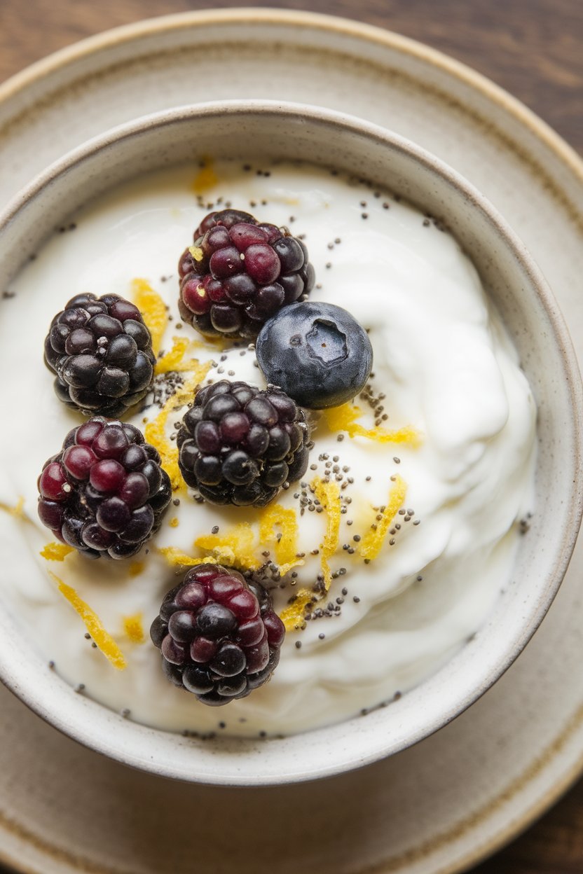 Indoor bowl of thick Greek yogurt mixed with lemon zest and poppy seeds, topped with blackberries. No text or logos displayed.