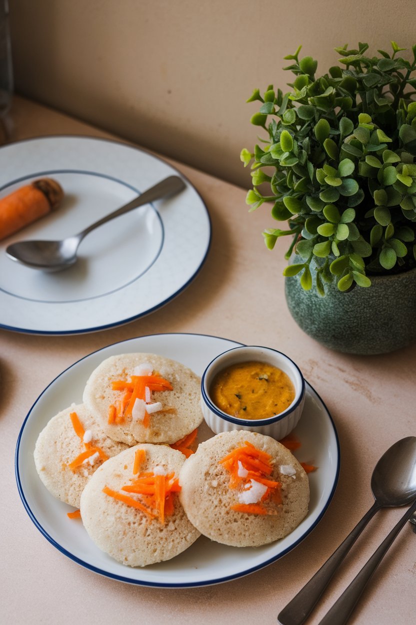 An indoor breakfast table with a plate of fluffy oats idlis dotted with orange carrot shreds, accompanied by coconut chutney in a small bowl. No text or logos. Photo, not illustration.