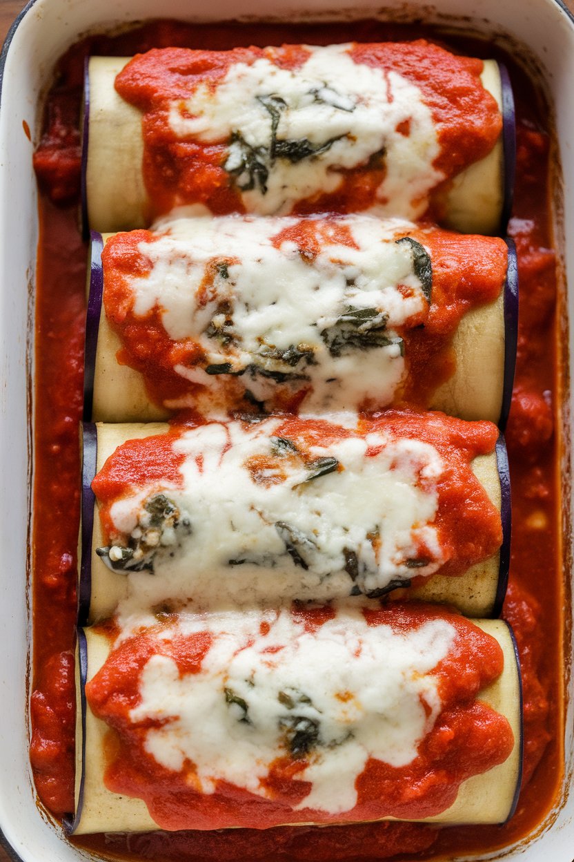 Photo prompt: Indoor baking dish with thin eggplant slices rolled around ricotta-spinach filling, topped with marinara and melted cheese. No text or logos.