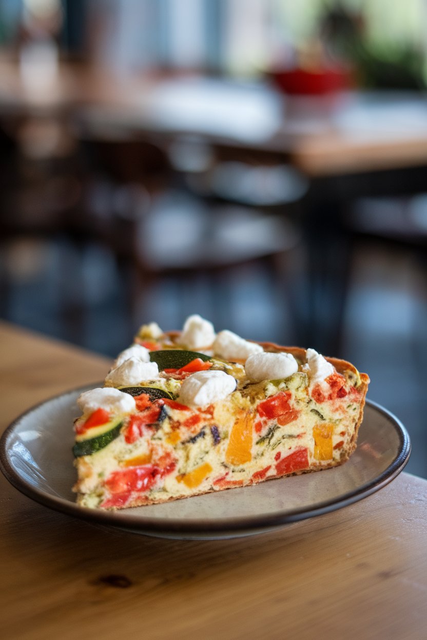 Photo of a slice of colorful vegetable frittata dotted with creamy goat cheese, served on a small plate indoors; no text or logos present.