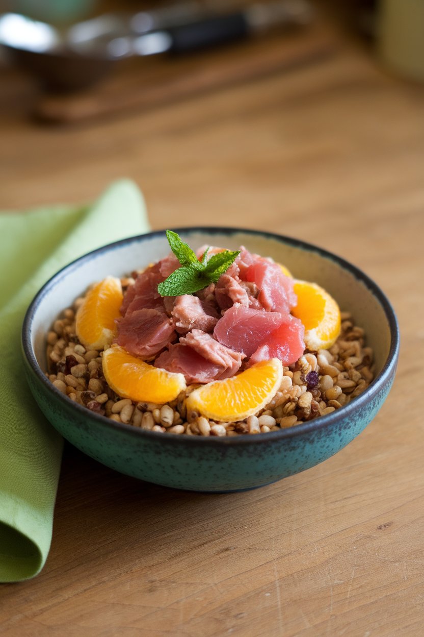 Bowl of mixed ancient grains topped with tuna, orange segments, and fresh mint, indoor tabletop, no branding.