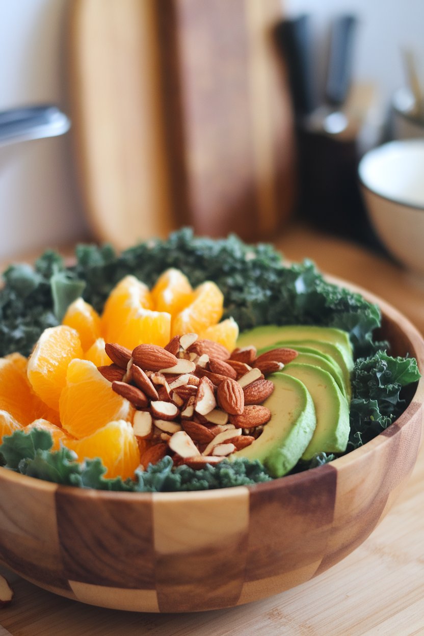 An indoor salad bowl containing chopped kale, orange segments, sliced avocado, and toasted almonds. No logos or text on bowl or background.