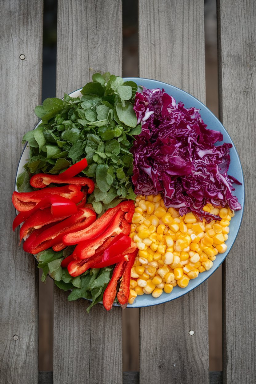 Overhead indoor shot of a plate divided into vibrant sections of red peppers, leafy greens, yellow corn, and purple cabbage. No text or logos, photo not illustration.