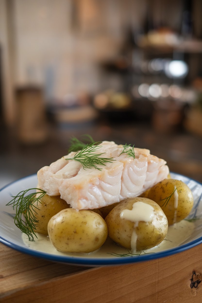 Indoor photo of cooked cod fillet atop baby potatoes with fresh dill sprigs, light butter sauce drizzled, no text or logos
