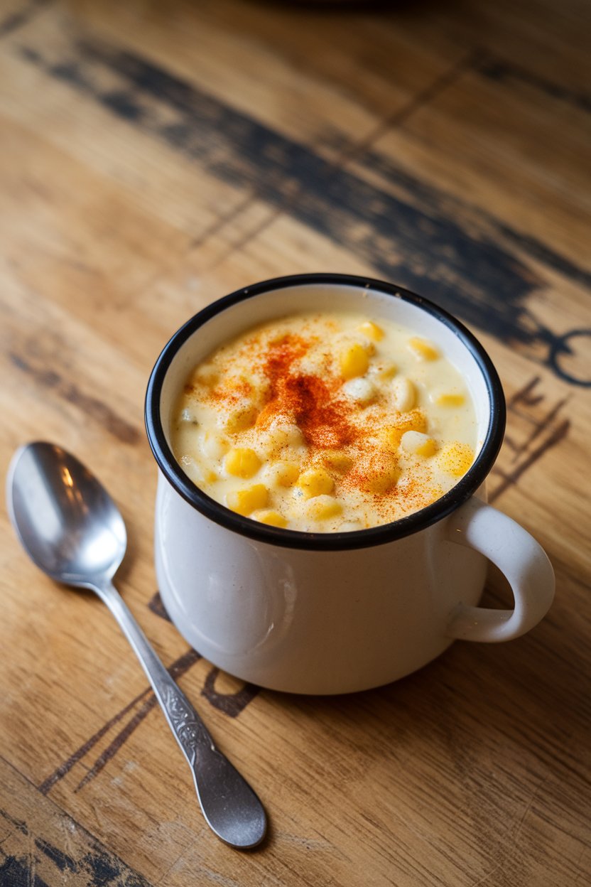 An indoor soup mug filled with creamy corn and potato chowder, paprika dusting on top, spoon resting beside. No text or logos; photo, not illustration.