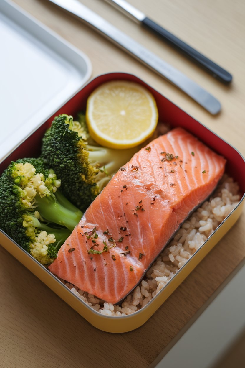 An indoor bento box containing cooked flaky salmon fillets, steamed brown rice, broccoli florets, and a lemon slice, shot from above. No text or logos anywhere. Photo only.