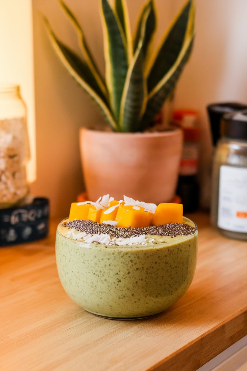 Photo of an indoor breakfast counter featuring a thick green smoothie bowl topped with mango cubes, chia seeds, and coconut flakes; no text or logos