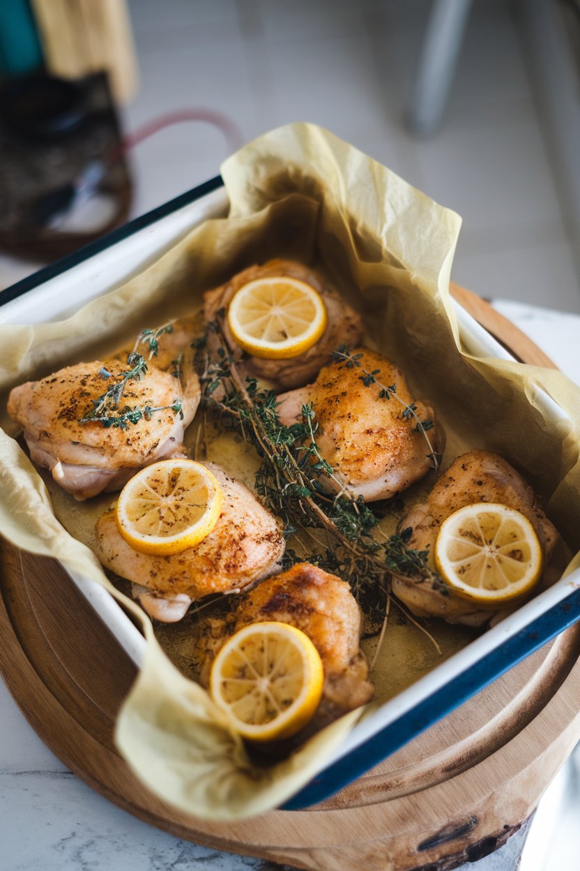Indoor photo of a parchment-lined baking dish with golden baked chicken thighs topped with fresh thyme and lemon slices, slight overhead view. No text or logos.