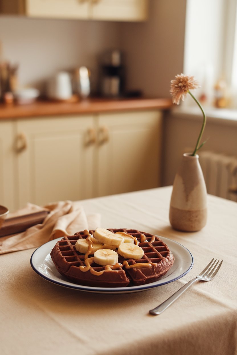 Warm indoor kitchen table with a chocolate-flavored waffle topped with a drizzle of peanut butter and sliced bananas. No text or logos.
