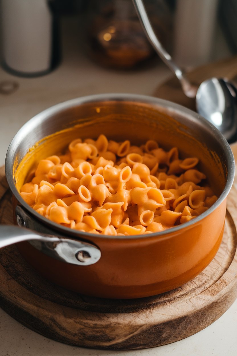 An indoor saucepan of creamy orange pumpkin sauce coating small pasta shapes, ladle resting nearby; no text or logos.