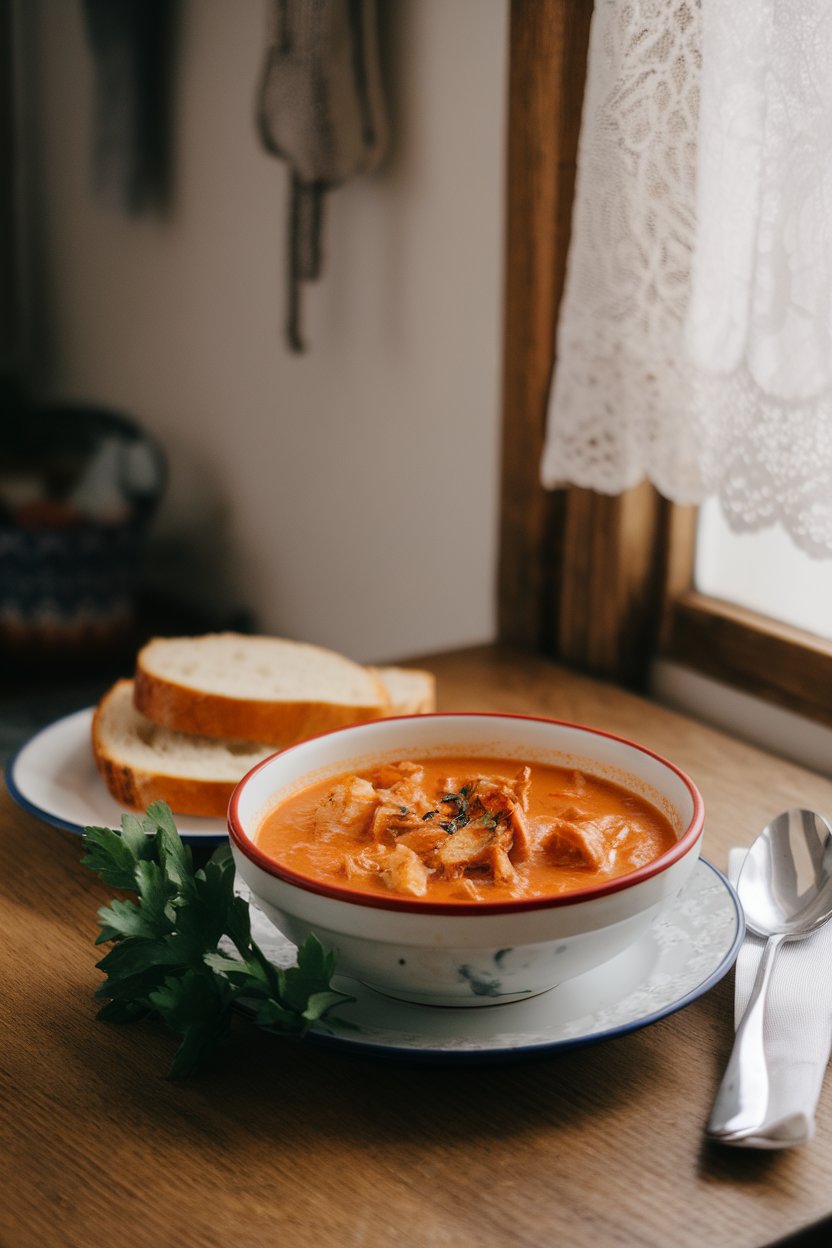 Indoor cottage table with a bowl of chicken paprikash soup, creamy paprika broth and chicken pieces, topped with parsley. No text or logos. Photo.