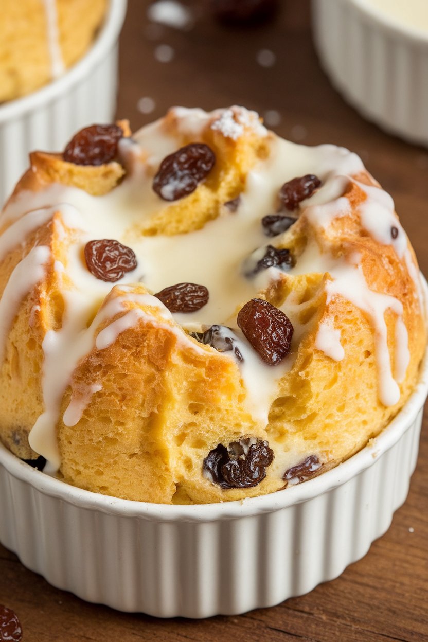 A ramekin indoors filled with golden bread pudding made from panettone, raisins peeking through, cream drizzle—no text or logos. Photo.