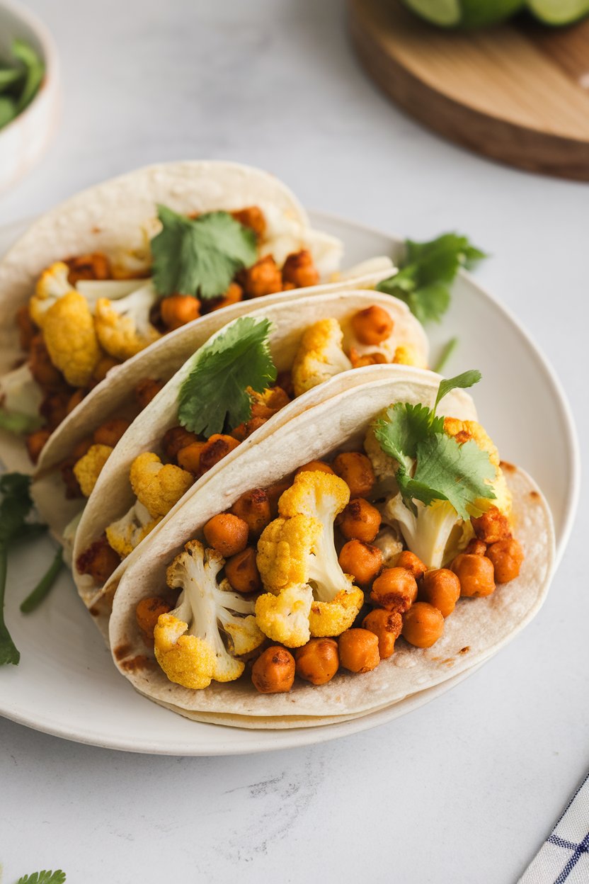 Photo of soft tortillas filled with roasted cauliflower florets and spiced chickpeas, garnished with cilantro indoors; no text or logos present.