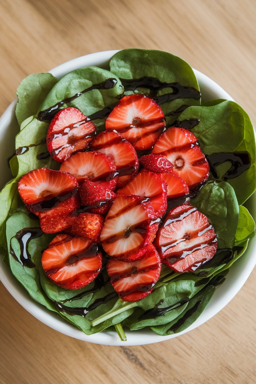 Indoor salad bowl of baby spinach topped with sliced strawberries and balsamic drizzle. No text or logos.