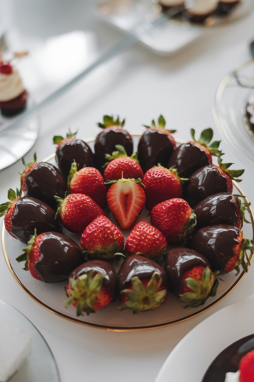 An indoor dessert plate with glossy dark chocolate-coated strawberries arranged in a circle, one strawberry sliced open to reveal the juicy red center. No text or logos; photo only.