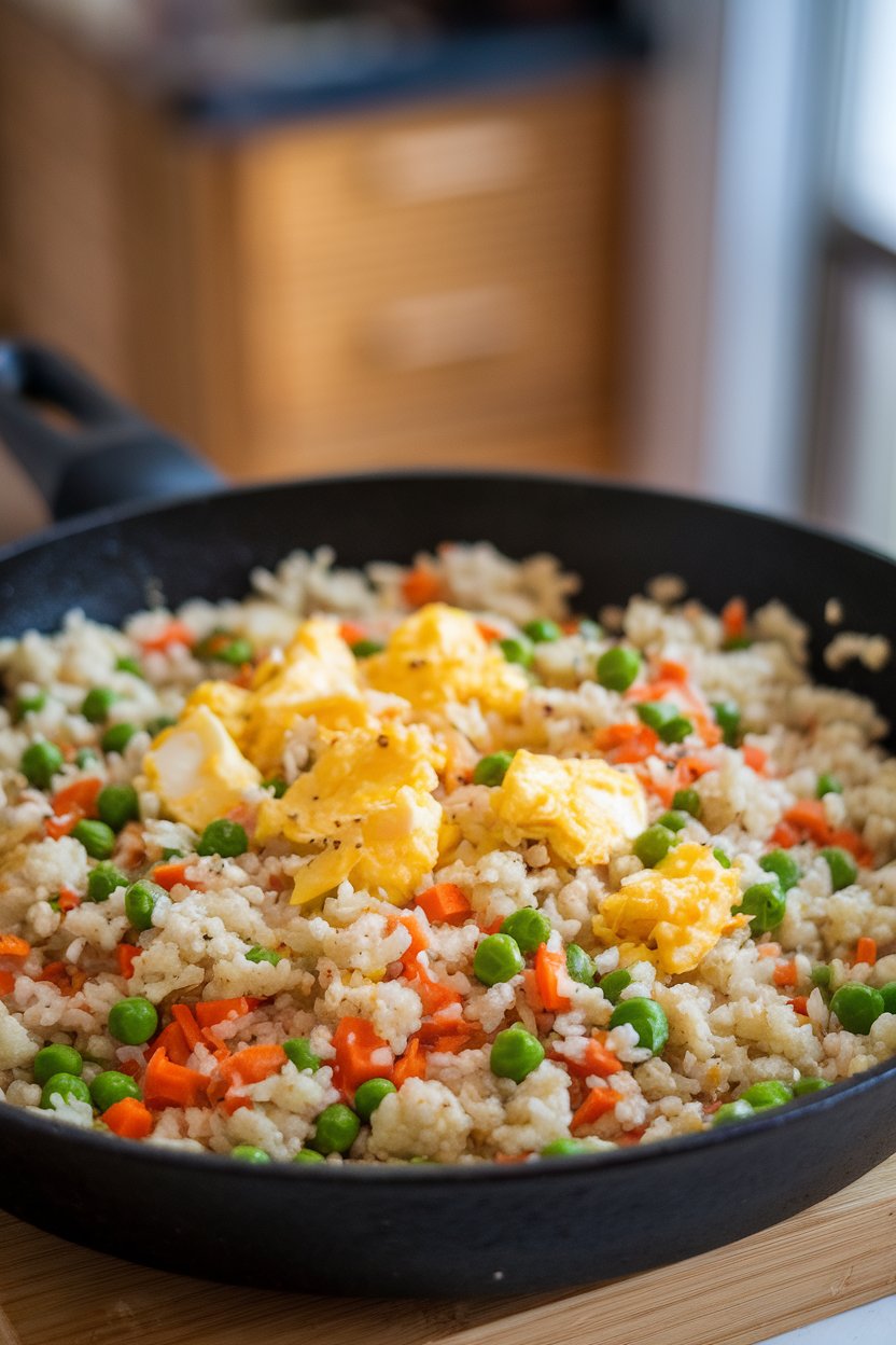 Indoor skillet filled with cauliflower rice stir-fried with peas, carrots, and scrambled egg pieces. No text or logos; photo.
