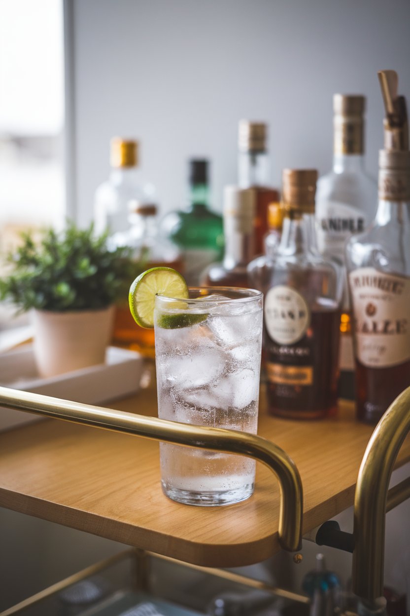 Indoor photo of a highball glass with clear soda, ice, and a squeezed lime wedge, bar cart background, no text or logos