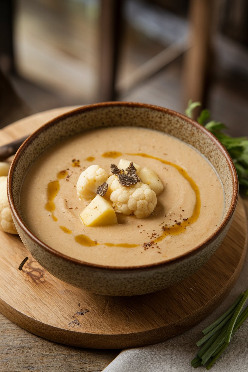 Indoor photo of creamy beige cauliflower parsnip soup in rustic bowl, drizzle of truffle oil; no text or logos